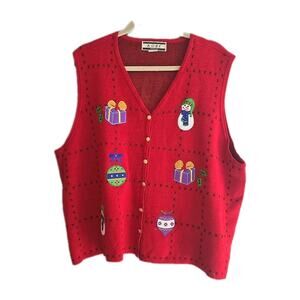 Vintage Kobe Red Christmas Theme Knit Sleeveless Sweater Vest Womans Size 3X